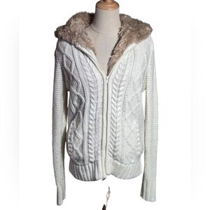 Faded Glory Vintage Y2K White Cable Knit Faux Fur Lined Hooded Zip Up Sweater